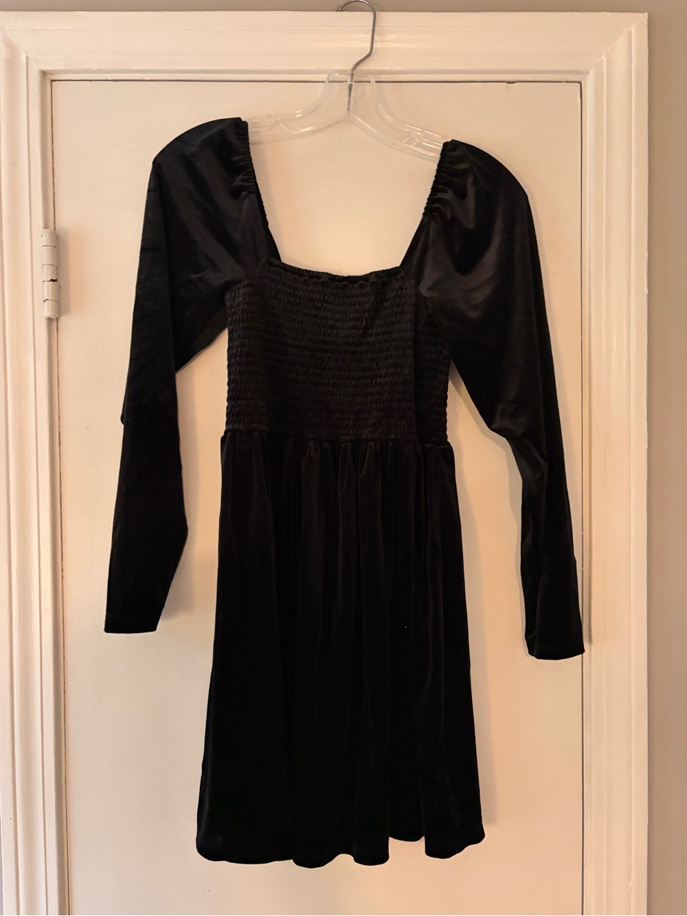 GAP Black Velvet Long-Sleeve Smocked Mini Dress